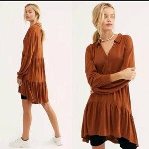 Free People Medium Cognac Brown Long Sleeve Dress